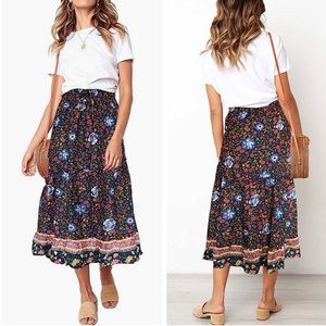 Boho Festival Gypsy Floral Ruffle Maxi Skirt Large